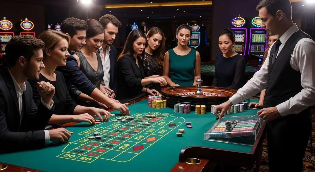 Instant Casino Croupier e giocatori scommettono alla roulette nel casinò
